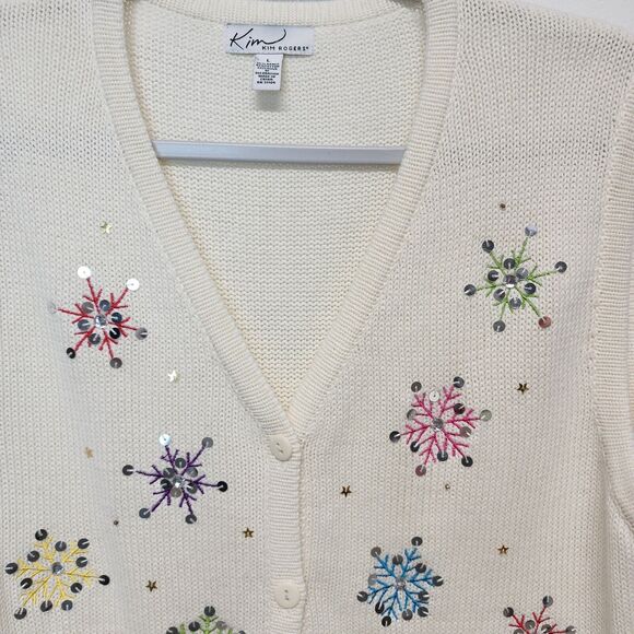 Vintage Kim Rogers Christmas Sweater Vest Size L Ivory Snowflake Gifts Sequin - Picture 6 of 12